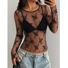 ZESICA Womens Lace Mesh Sheer See Through Long Sleeve Tops(Laceblack)