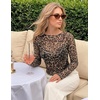 ZESICA Womens Lace Mesh Sheer See Through Long Sleeve Tops(Leopard)
