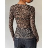 ZESICA Womens Lace Mesh Sheer See Through Long Sleeve Tops(Leopard)
