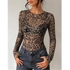 ZESICA Womens Lace Mesh Sheer See Through Long Sleeve Tops(Leopard)