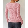 ZESICA Womens Lace Mesh Sheer See Through Long Sleeve Tops(Pink)