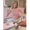 ZESICA Womens Lace Mesh Sheer See Through Long Sleeve Tops(Pink)