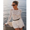 ZESICA Womens Lace Mesh Sheer See Through Long Sleeve Tops(White)