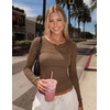 ZESICA Women’s Long Sleeve Floral Lace Knit Ruched Tops 2026 Fall Shirt(Brown)