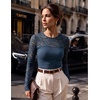 ZESICA Women’s Long Sleeve Floral Lace Knit Ruched Tops 2026 Fall Shirt(Dark Blue)