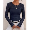 ZESICA Women’s Long Sleeve Floral Lace Knit Ruched Tops 2026 Fall Shirt(Navy)