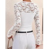 ZESICA Women’s Long Sleeve Floral Lace Knit Ruched Tops 2026 Fall Shirt(White)