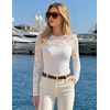 ZESICA Women’s Long Sleeve Floral Lace Knit Ruched Tops 2026 Fall Shirt(White)