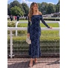 ZESICA Womens Long Sleeve Off Shoulder Maxi Fall Mesh Wedding Guest Dresses(Navy)