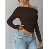 ZESICA Women’s Off Shoulder Fall Long Sleeve Y2k Cute Going Out Tops(Coffee Brown)