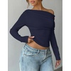 ZESICA Women’s Off Shoulder Fall Long Sleeve Y2k Cute Going Out Tops(Navy)