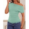 ZESICA Women’s Summer One Shoulder Short Sleeve Ruched Going Out Tops(Lightgreen)
