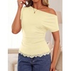 ZESICA Women’s Summer One Shoulder Short Sleeve Ruched Going Out Tops(Lightyellow)