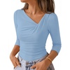 ZESICA Womens 3/4 Sleeve Asymmetrical Fall Shirts Ruched Going Out Tops(Light Blue)