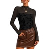 ZESICA Womens Fall Long Sleeve Turtleneck Floral Sheer Mesh Ruched Tops(Black)