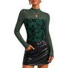 ZESICA Womens Fall Long Sleeve Turtleneck Floral Sheer Mesh Ruched Tops(Green)