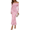 ZESICA Womens Long Sleeve Off Shoulder Maxi Fall Mesh Wedding Guest Dresses(Pink)
