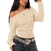 ZESICA Womens Off Shoulder Long Sleeve Cinched Waist Going Out Tops(Apricot)