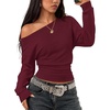 ZESICA Womens Off Shoulder Long Sleeve Cinched Waist Going Out Tops(Burgundy)