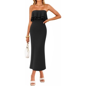 ZESICA Womens 2026 Summer Strapless Knitted Bodycon Midi Dress(Black)