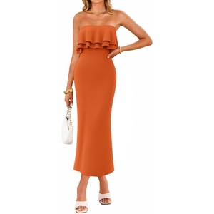 ZESICA Womens 2026 Summer Strapless Knitted Bodycon Midi Dress(Orange)