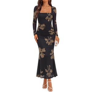 ZESICA Womens Fall Long Sleeve Bodycon Mesh Wedding Guest Formal Dress(Ebony)