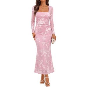 ZESICA Womens Fall Long Sleeve Bodycon Mesh Wedding Guest Formal Dress(Lightpink)