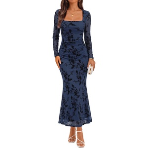 ZESICA Womens Fall Long Sleeve Bodycon Mesh Wedding Guest Formal Dress(Navy)