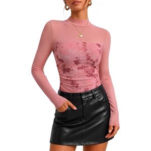 ZESICA Womens Fall Long Sleeve Turtleneck Floral Sheer Mesh Ruched Tops(Pink)