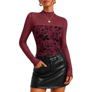 ZESICA Womens Fall Long Sleeve Turtleneck Floral Sheer Mesh Ruched Tops(Wine)
