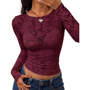 ZESICA Womens Lace Mesh Sheer See Through Long Sleeve Tops(Burgundy)