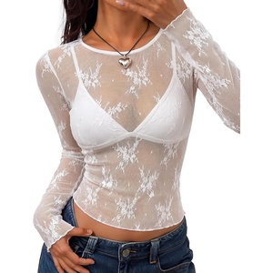 ZESICA Womens Lace Mesh Sheer See Through Long Sleeve Tops(Ivory)