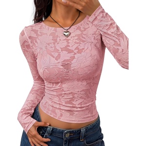 ZESICA Womens Lace Mesh Sheer See Through Long Sleeve Tops(Pink)