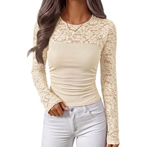 ZESICA Women’s Long Sleeve Floral Lace Knit Ruched Tops 2026 Fall Shirt(Apricot)