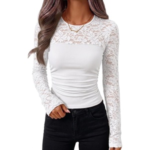 ZESICA Women’s Long Sleeve Floral Lace Knit Ruched Tops 2026 Fall Shirt(White)