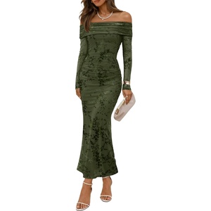 ZESICA Womens Long Sleeve Off Shoulder Maxi Fall Mesh Wedding Guest Dresses(Army Green)