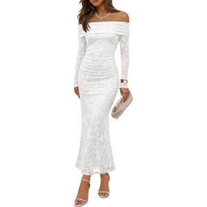 ZESICA Womens Long Sleeve Off Shoulder Maxi Fall Mesh Wedding Guest Dresses(White)