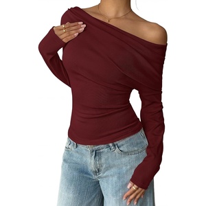 ZESICA Women’s Off Shoulder Fall Long Sleeve Y2k Cute Going Out Tops(Burgundy)