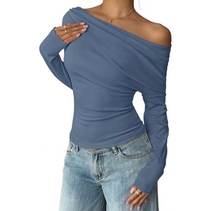 ZESICA Women’s Off Shoulder Fall Long Sleeve Y2k Cute Going Out Tops(Dusty Blue)