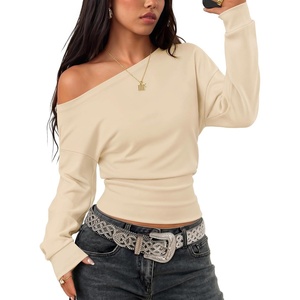 ZESICA Womens Off Shoulder Long Sleeve Cinched Waist Going Out Tops(Apricot)