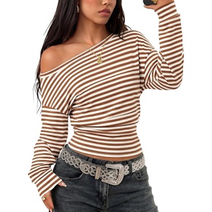 ZESICA Womens Off Shoulder Long Sleeve Cinched Waist Going Out Tops(Brown)