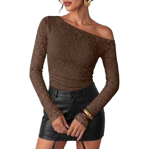 ZESICA Women’s Off Shoulder Long Sleeve Lace Going Out Tops(Coffee)