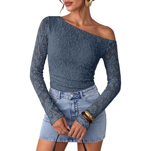 ZESICA Women’s Off Shoulder Long Sleeve Lace Going Out Tops(Dustyblue)