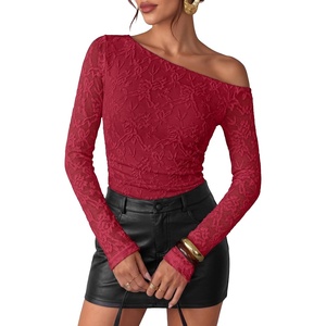 ZESICA Women’s Off Shoulder Long Sleeve Lace Going Out Tops(Red)