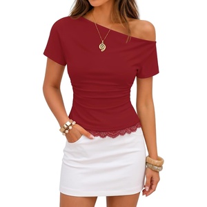 ZESICA Women’s Summer One Shoulder Short Sleeve Ruched Going Out Tops(Red)