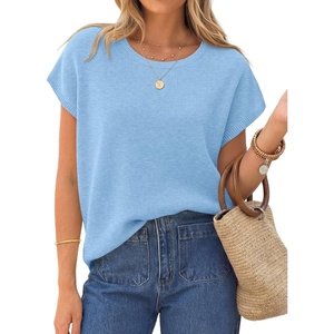 ZESICA Womens Summer Wool Blend Short Sleeve Sweater Tops(Blue)