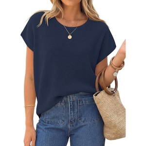 ZESICA Womens Summer Wool Blend Short Sleeve Sweater Tops(Navy)