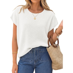 ZESICA Womens Summer Wool Blend Short Sleeve Sweater Tops(White)