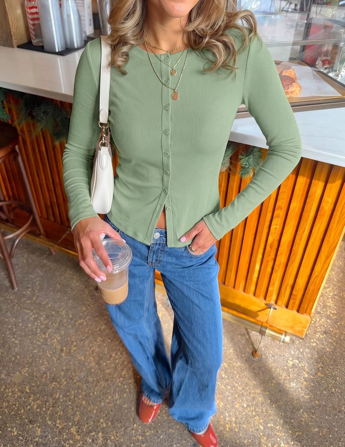 image:imageZESICA Women Fall Long Sleeve Slim Knit Lightweight Cardigan TopsPea Green