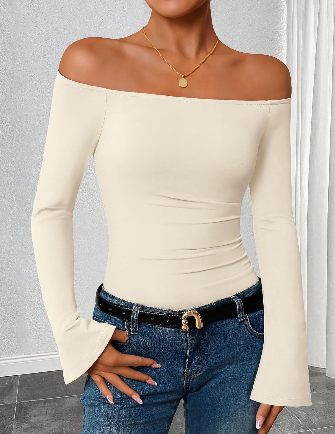 image:imageZESICA Women Off The Shoulder Tops Long Sleeve Going Out ShirtsApricot